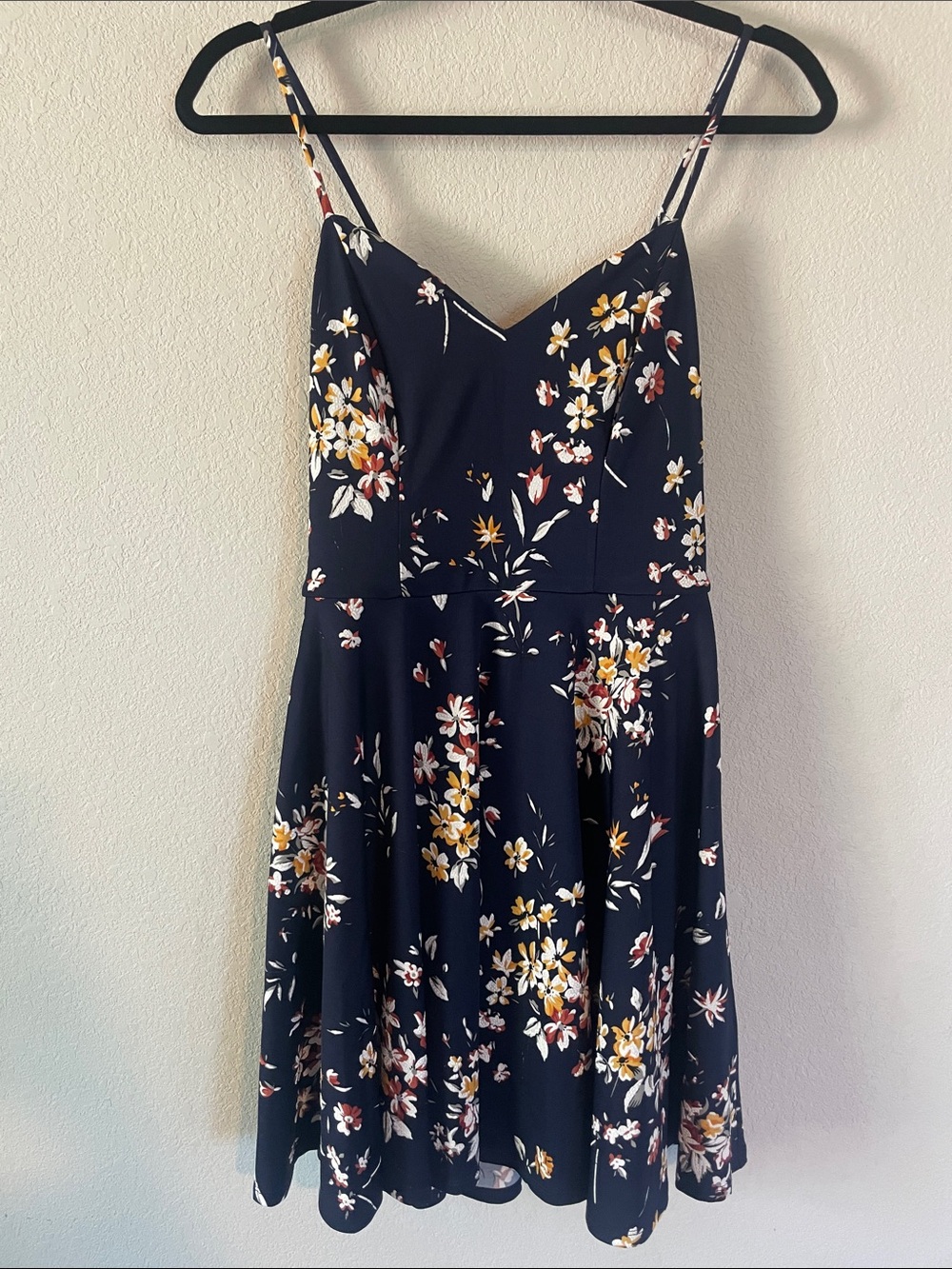 Navy Blue Floral Spaghetti-Strap Dress